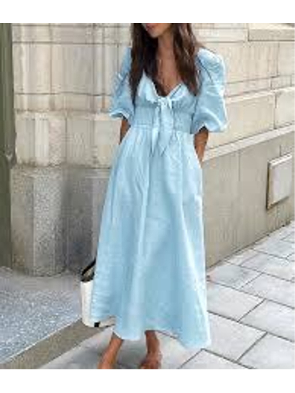 COMMENSE Linen Blend Puff Sleeve Smocked Waist Tie Front Light Blue Midi Dress L